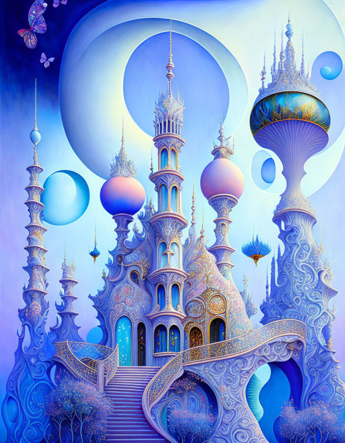 Surreal blue and purple castle with towers, mushrooms, moon, orbs