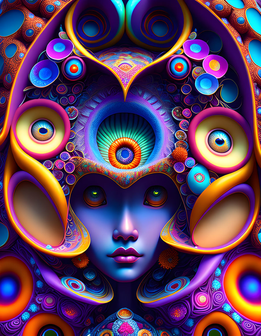 Symmetrical abstract digital artwork with central blue face and multiple eyes