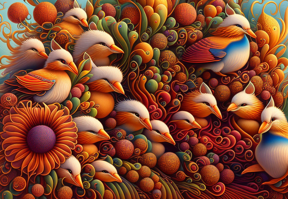 Vibrant surreal bird-themed artwork with intricate patterns and warm colors
