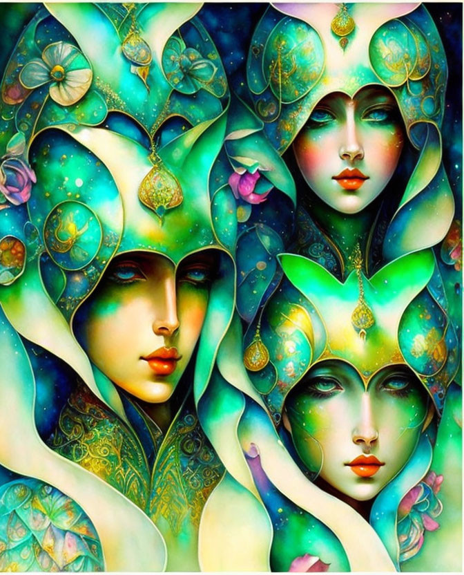 Ethereal female faces with intricate patterns in green and blue