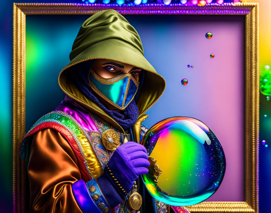 Colorful Person Holding Reflective Bubble with Glowing Frame