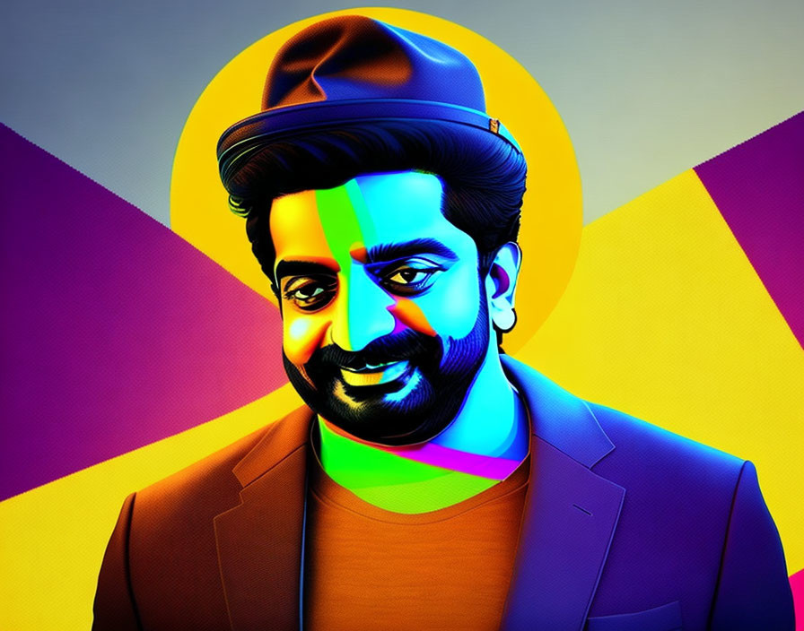 Colorful portrait of a smiling man with beard and hat against geometric background