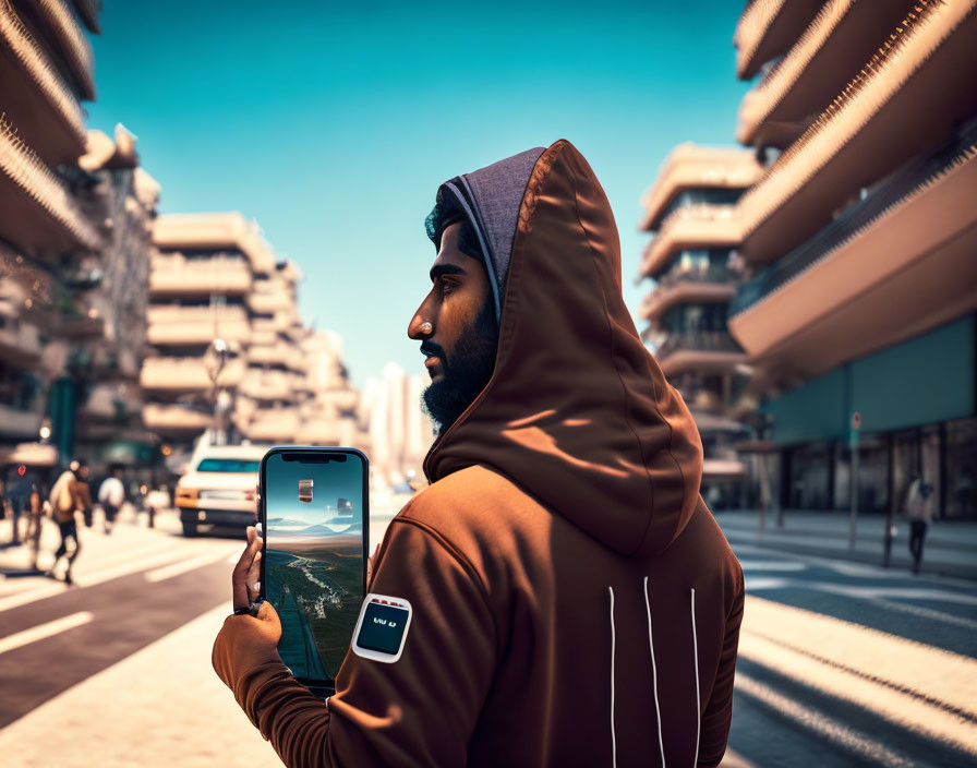 Man in brown hoodie with smartphone and city skyline in background