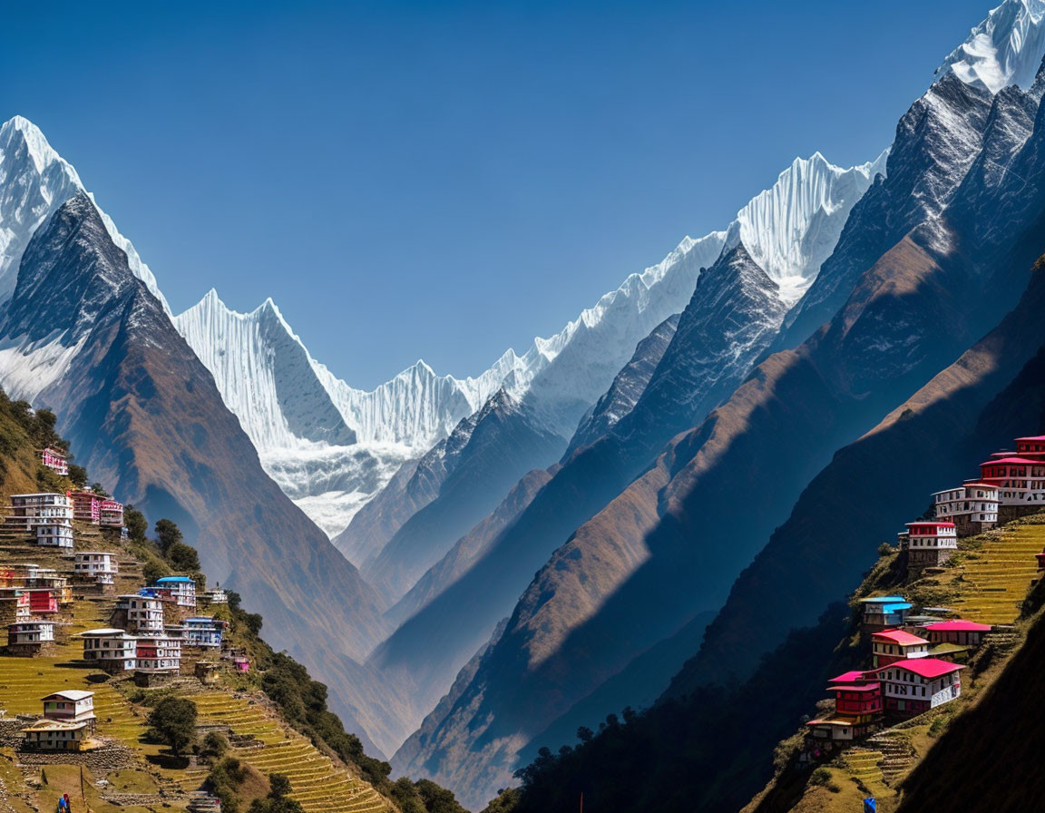 Colorful Mountain Village Overlooking Snowy Peaks