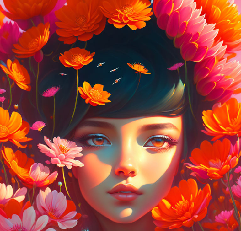 Vibrant orange and pink flowers frame a girl's face in digital artwork