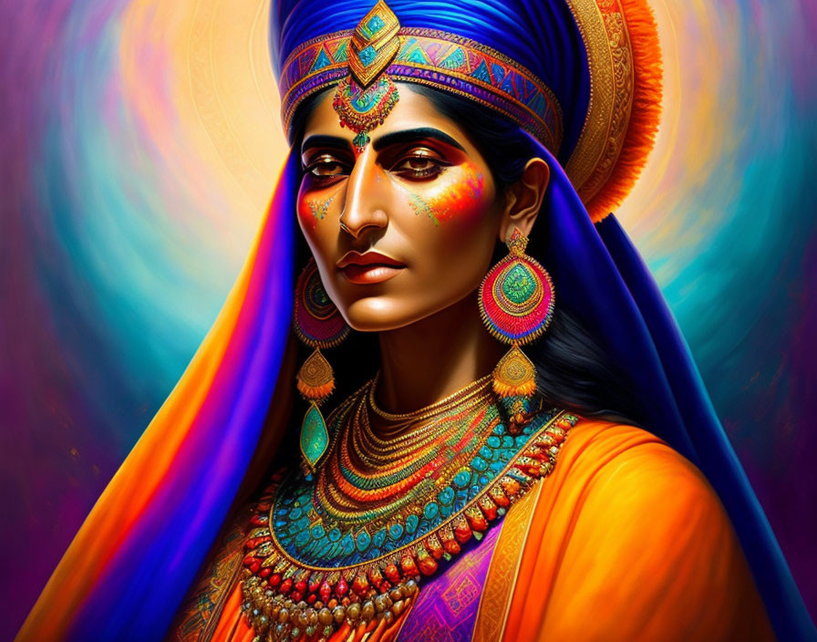 Colorful portrait of woman in traditional Indian attire and jewelry with turban against vibrant backdrop.