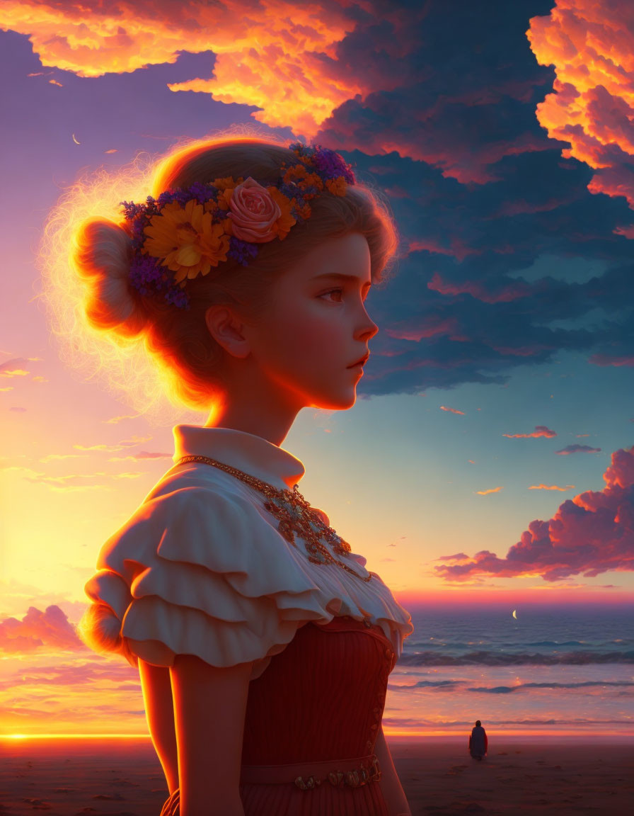 Digital artwork: Young woman in vintage attire with flowers in hair, gazing at dramatic sunset over beach