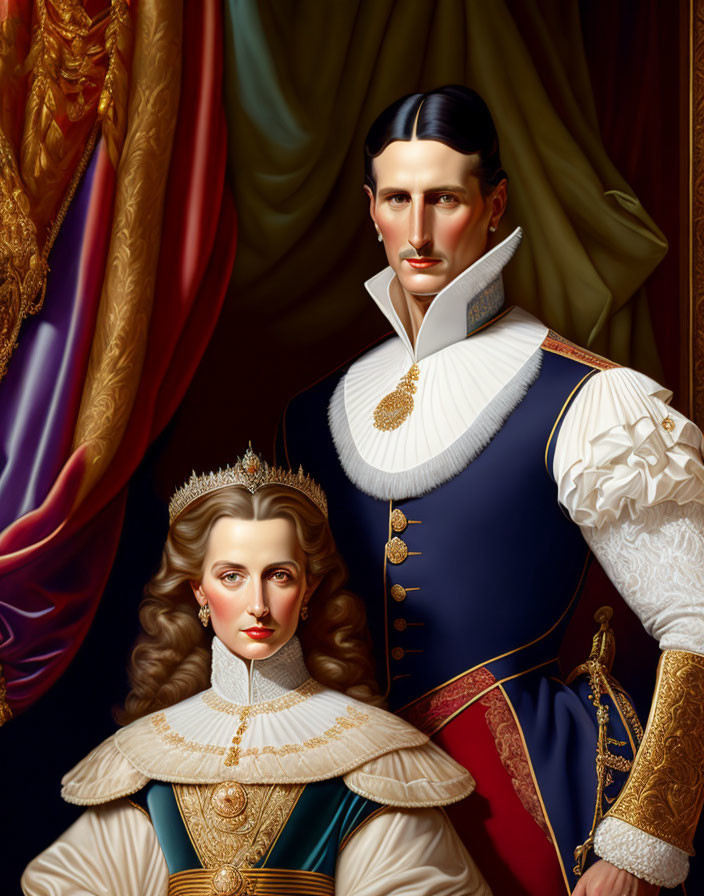 Stylized portrait of man and woman in royal attire against rich backdrop