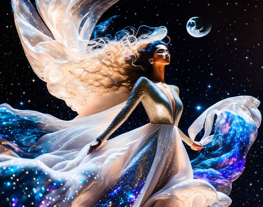 Surreal image: Woman with angelic wings in moonlit space