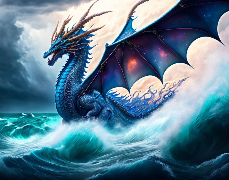 Majestic dragon with starry wings in turbulent ocean waves