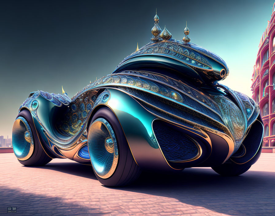 Futuristic Car with Vibrant Blue and Gold Designs in Modern Cityscape