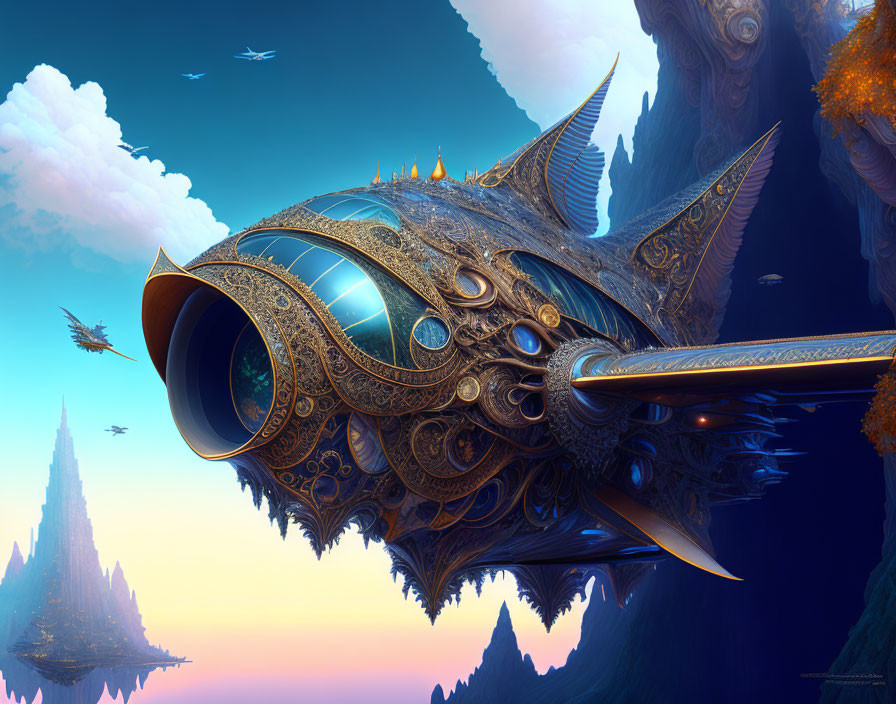 Intricate Fish-Shaped Airship in Colorful Sky