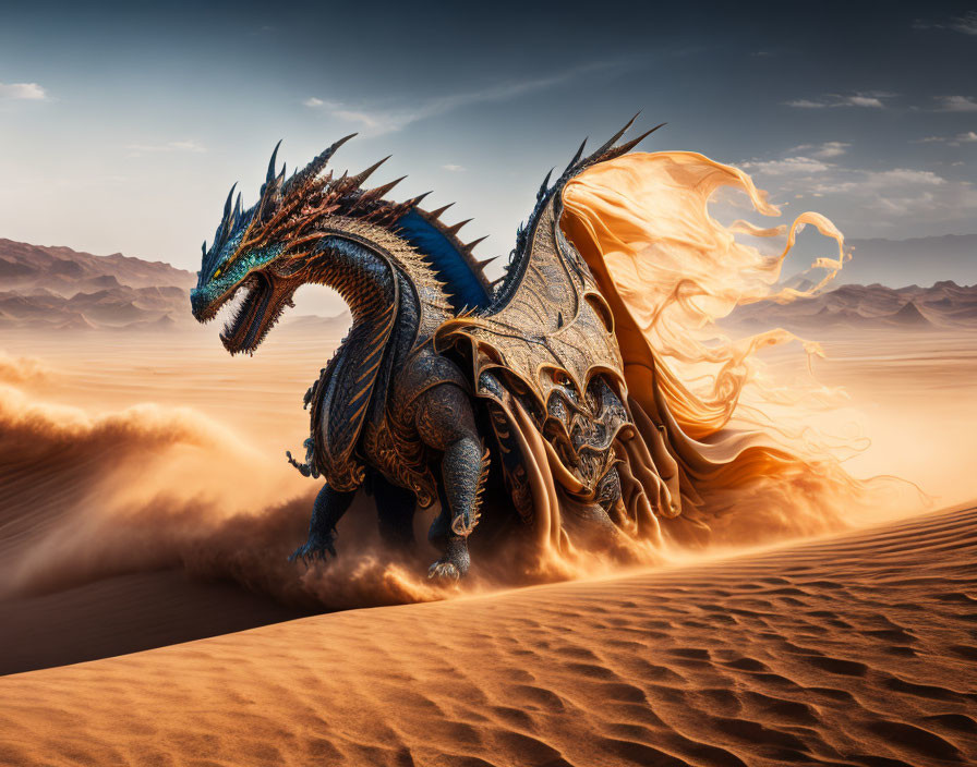 Blue-scaled dragon in desert landscape with fiery wings