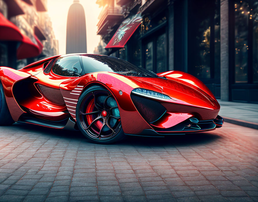 Red Sports Car with Futuristic Design Features on City Street