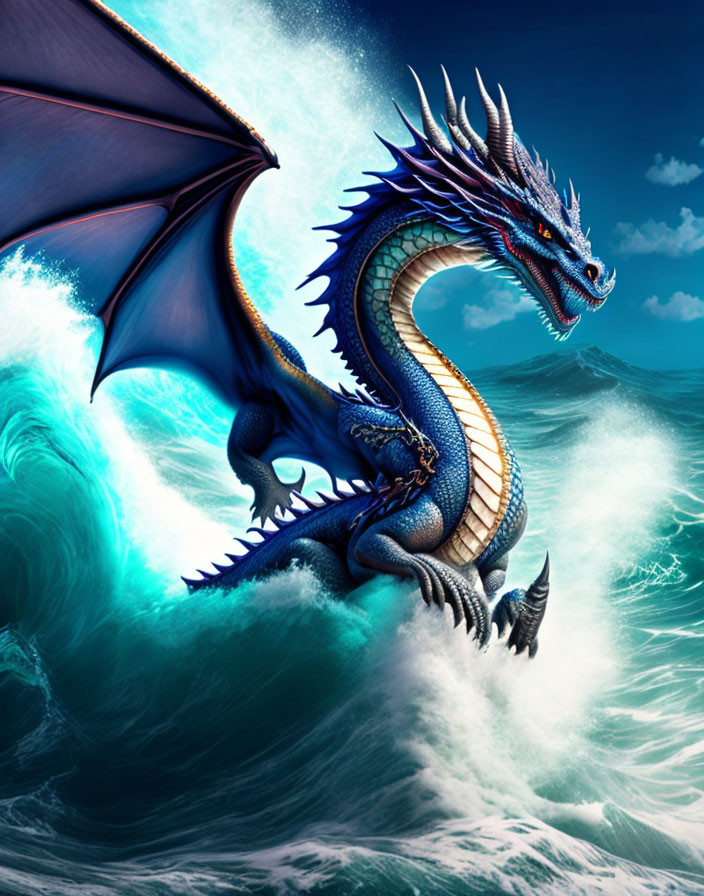 Blue dragon emerges from ocean waves under dramatic sky