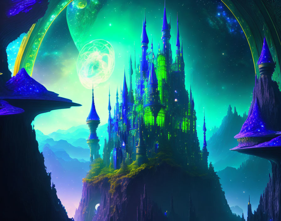 Vibrant alien landscape with green castle and neon-blue vegetation