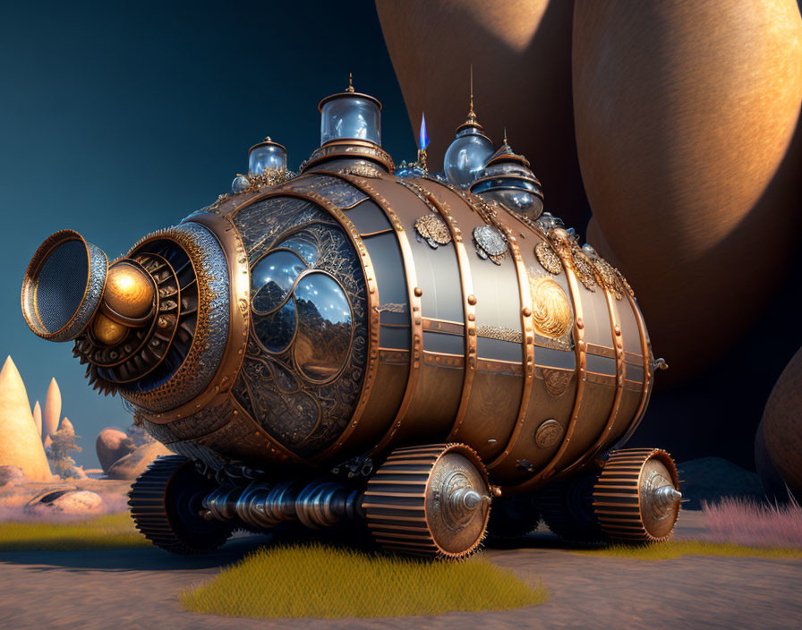 Intricate steampunk-style submarine on grassy terrain