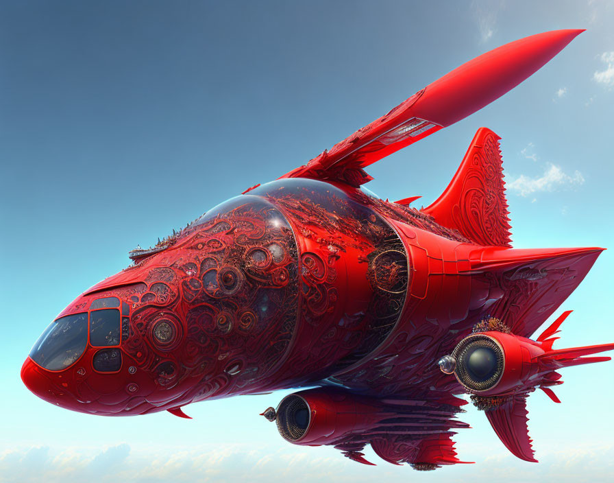 Red ornamental airplane soaring in clear blue sky