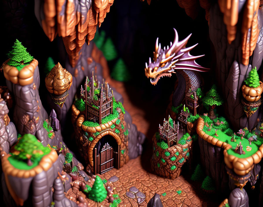 Fantasy landscape with dragon, rocky cavern, lush greenery, and ancient towers