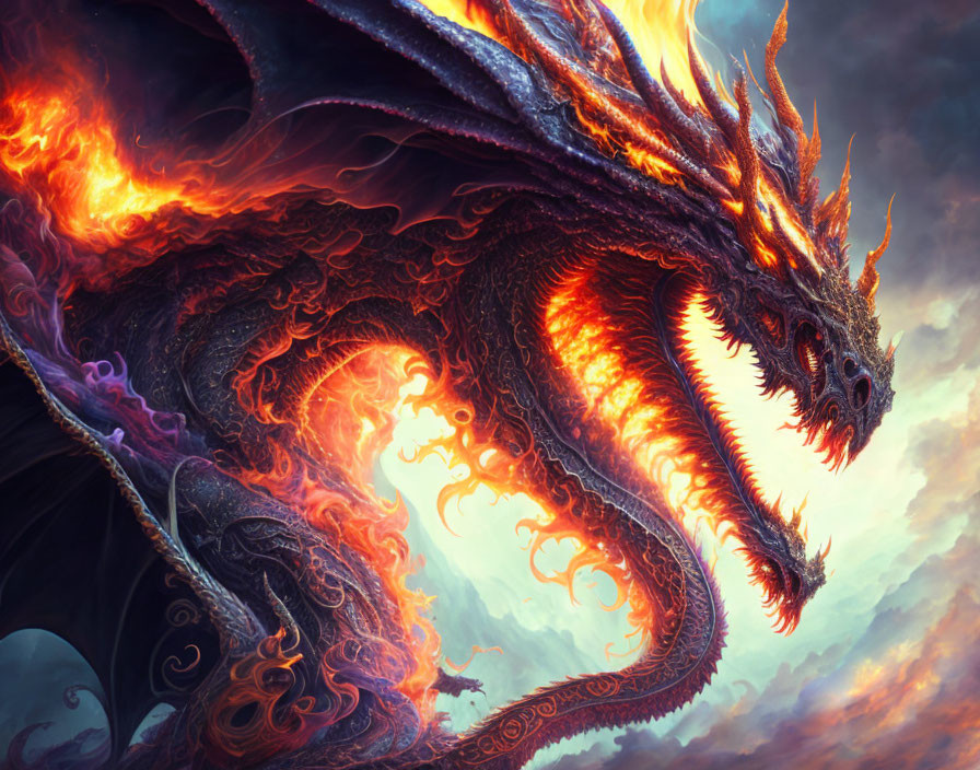 Fiery dragon with intense eyes in dramatic sky