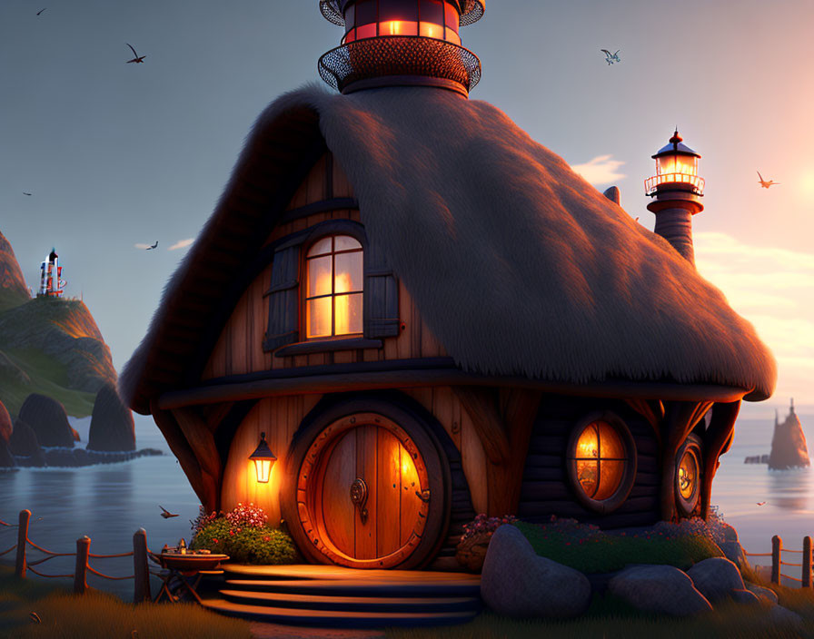 Thatched Roof Fantasy Cottage with Lighthouse by the Sea at Sunset