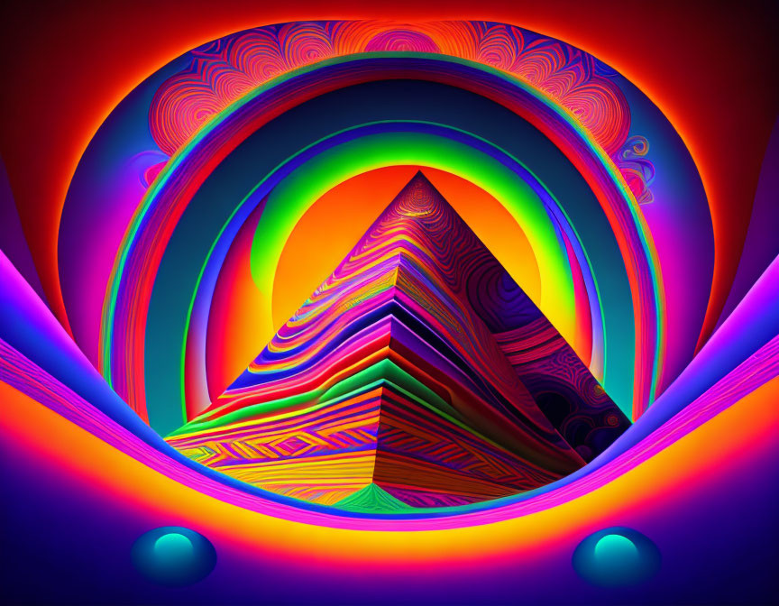 Colorful Psychedelic Pyramid Artwork with Rainbow Rings and Patterns