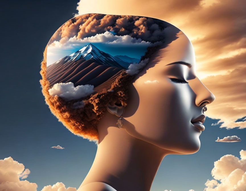 Woman's Side Profile with Mountain Landscape Inside Head Against Cloudy Sky