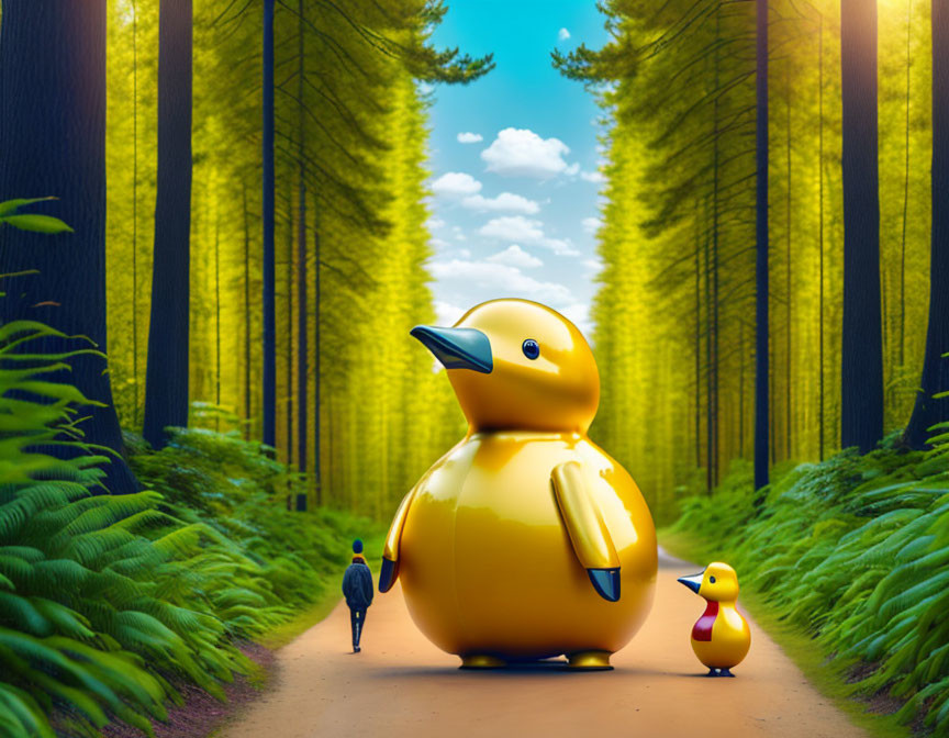 Two rubber ducks on forest path with person walking beside them