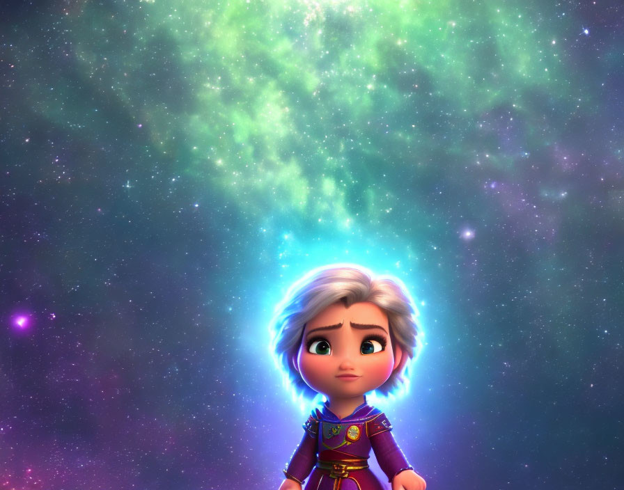 Surprised animated character gazing at vibrant cosmos