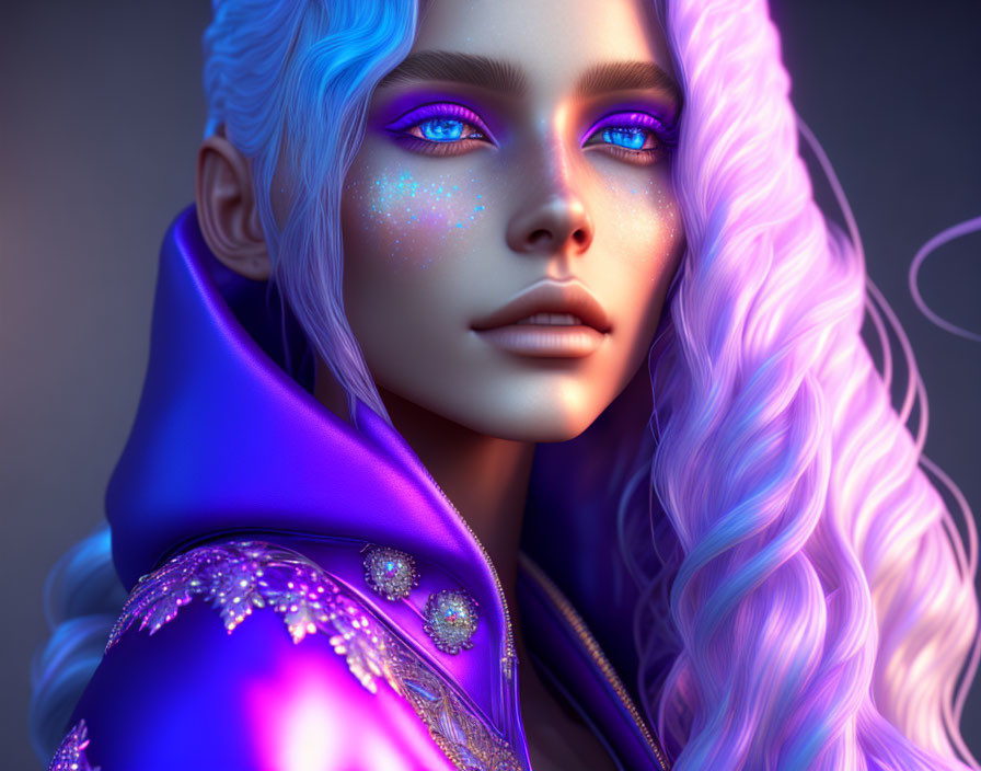 Digital artwork featuring person with blue eyes, iridescent makeup, white curly hair, and jeweled