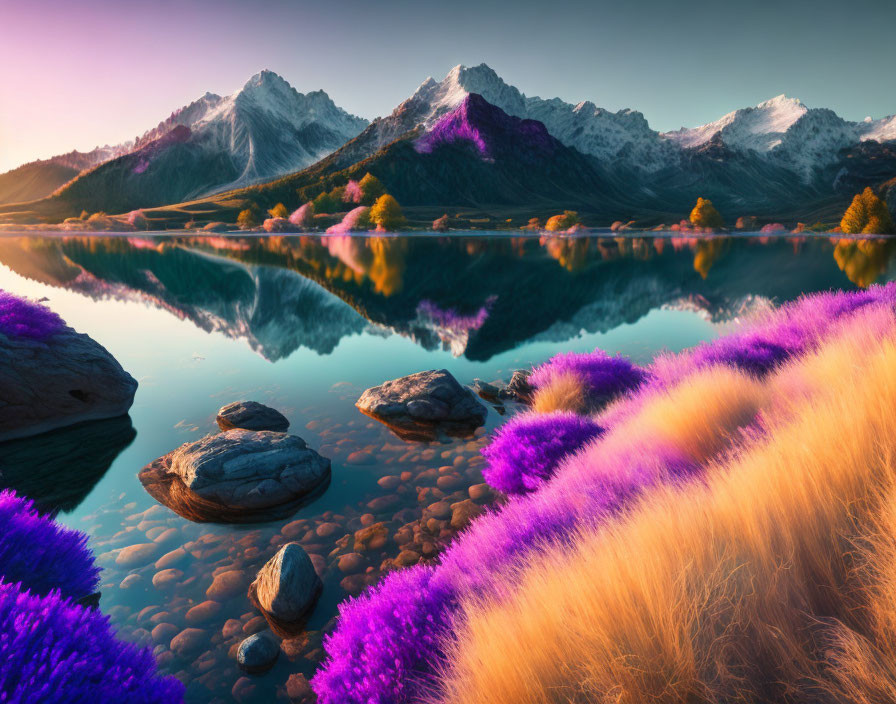 Tranquil lake with mirror reflections, mountains, and purple flora