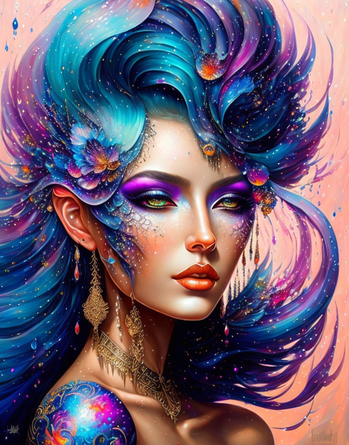 Illustrated Woman with Blue and Pink Hair and Cosmic & Floral Motifs