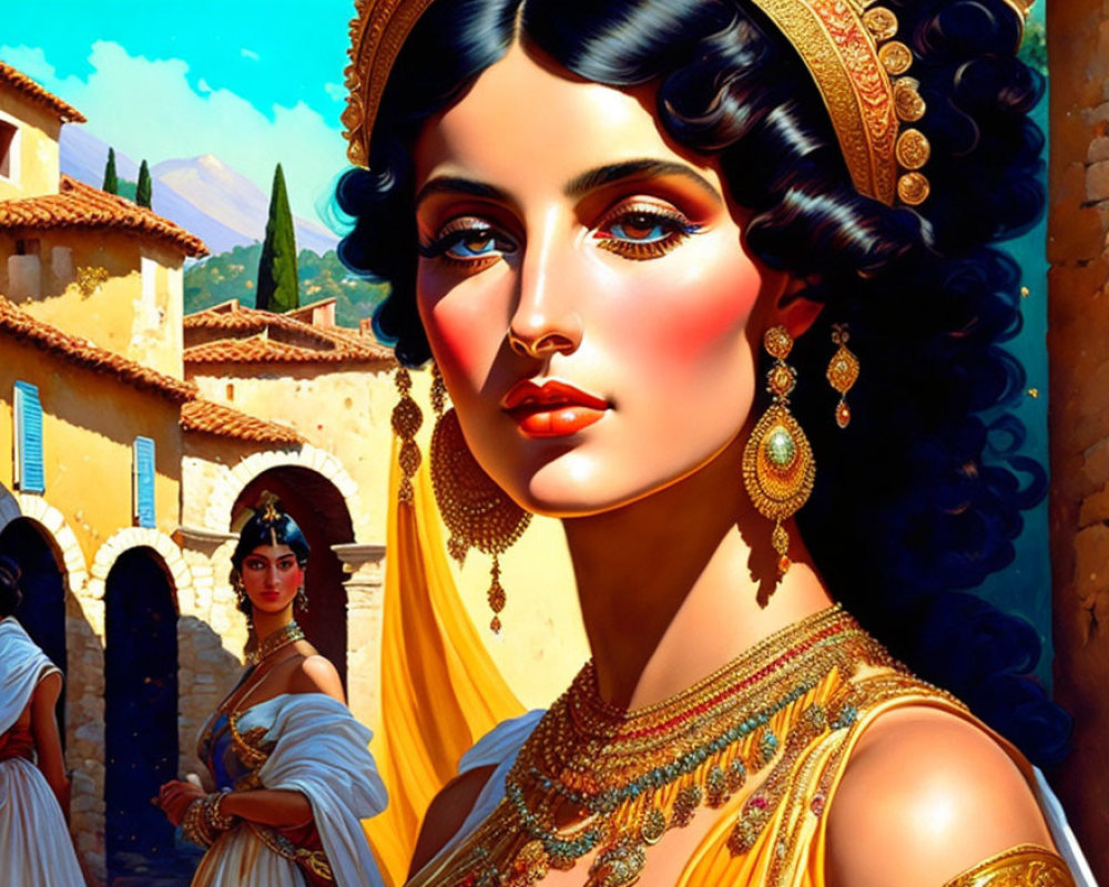 Illustration of woman with dark hair and golden jewelry in Mediterranean town.