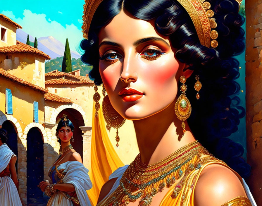 Illustration of woman with dark hair and golden jewelry in Mediterranean town.