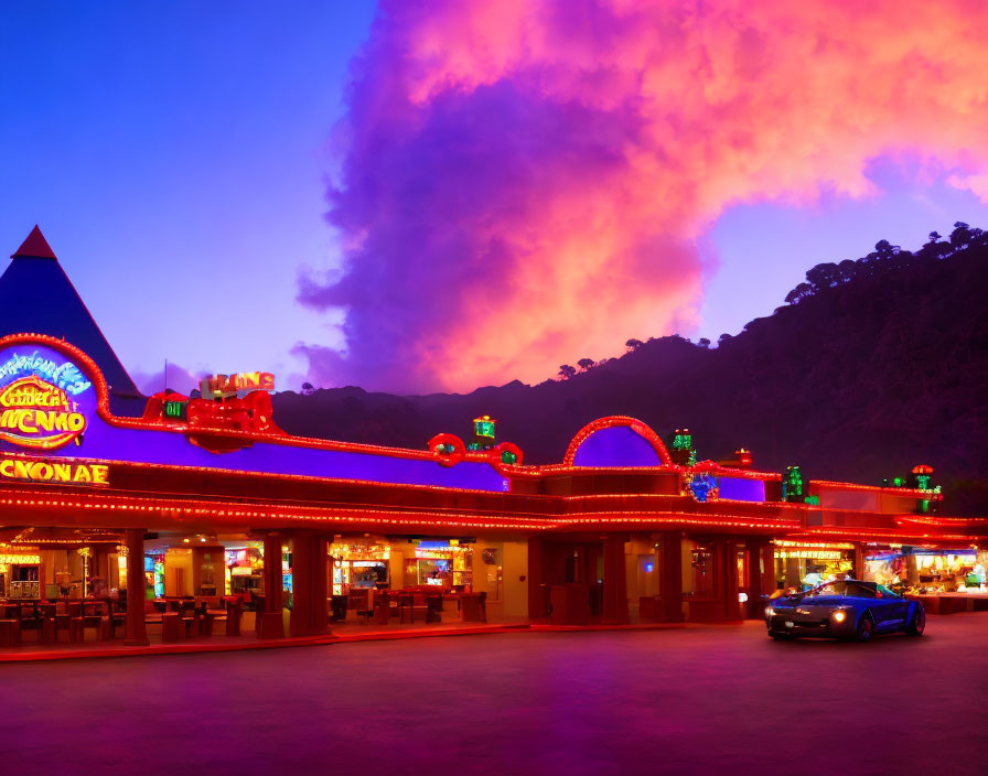 Neon-lit casino entrance at dusk with parked blue car