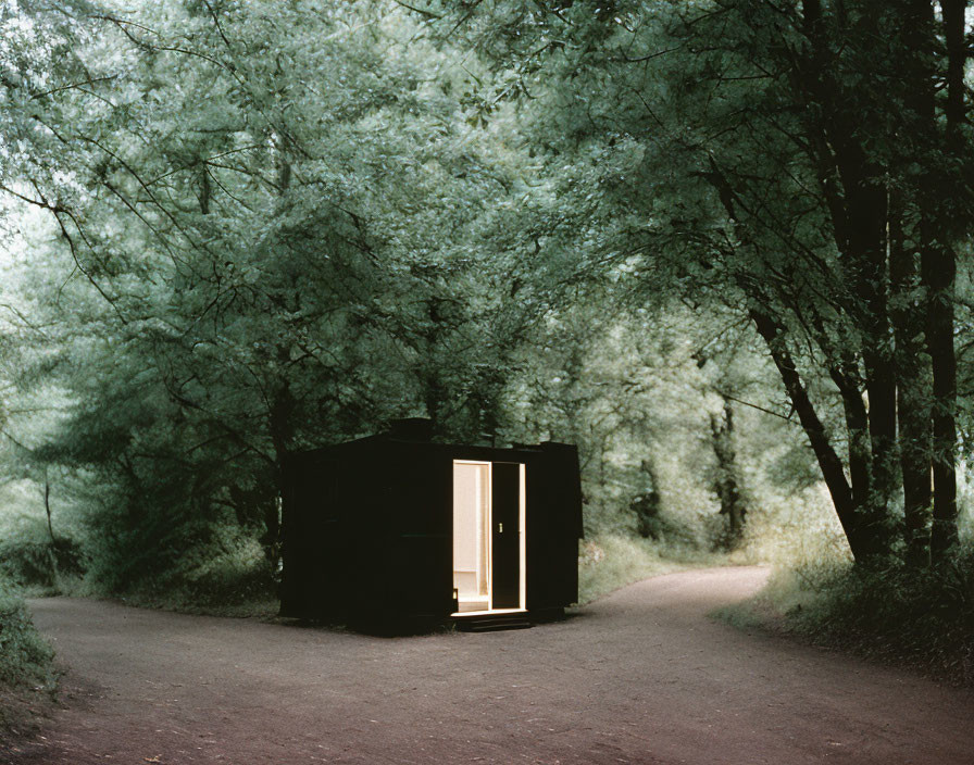 Solitary cabin with open yellow door in lush green forest