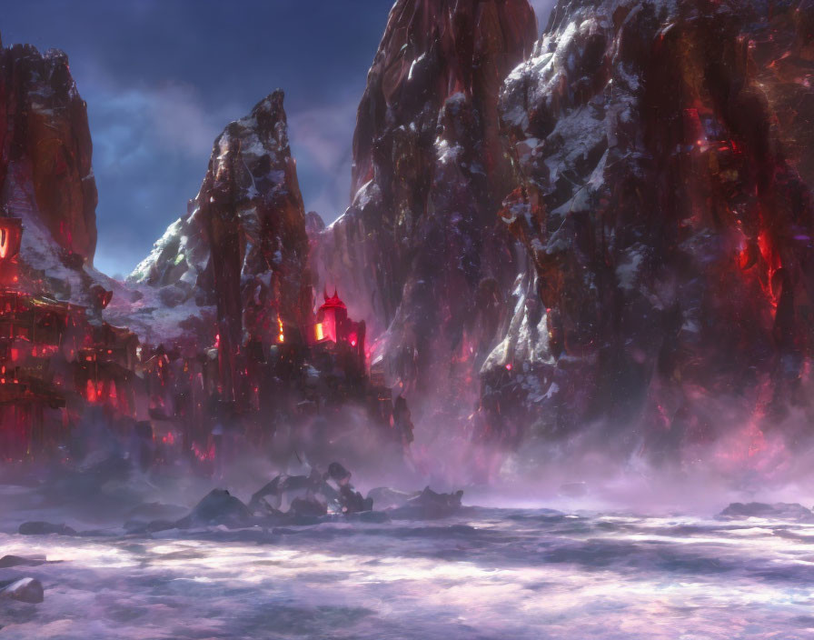 Mystical landscape with towering cliffs, red lanterns, snow caps, and glowing purple water