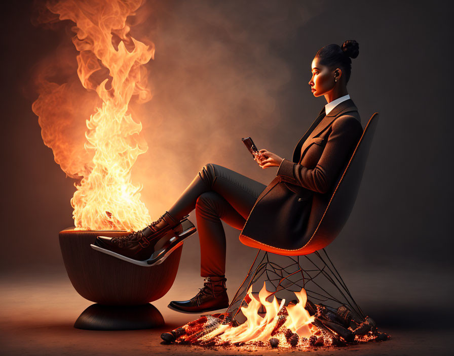 Woman sitting by campfire with phone, legs crossed, fiery swirl beside her