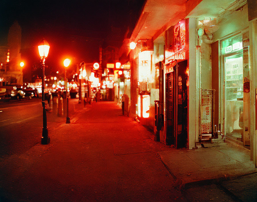 Nighttime City Street Scene with Glowing Street Lamps, Convenience Store, and Passing Cars