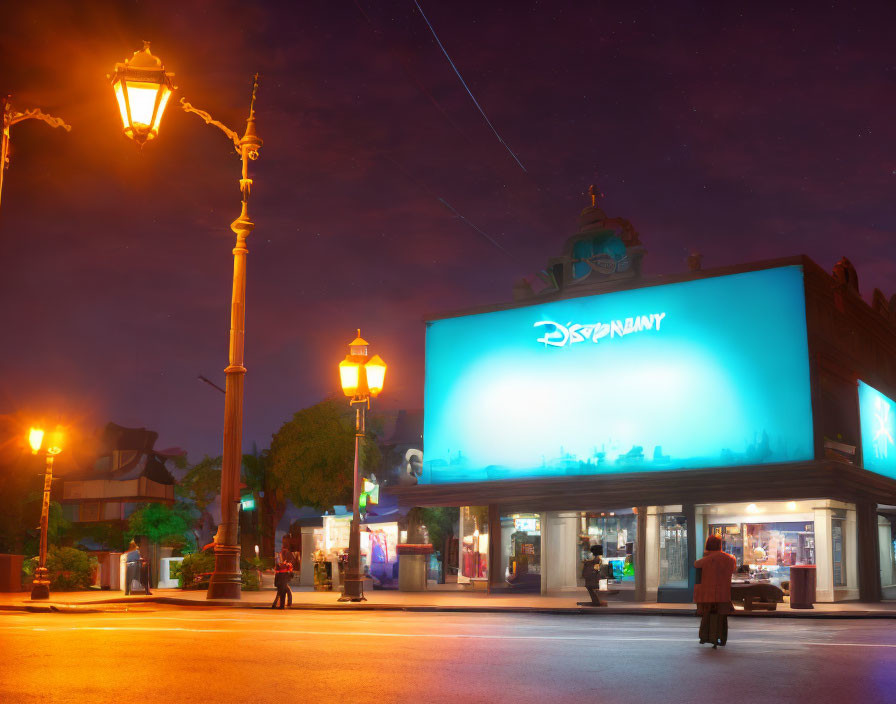 Night scene with person in front of brightly lit store and blue sign