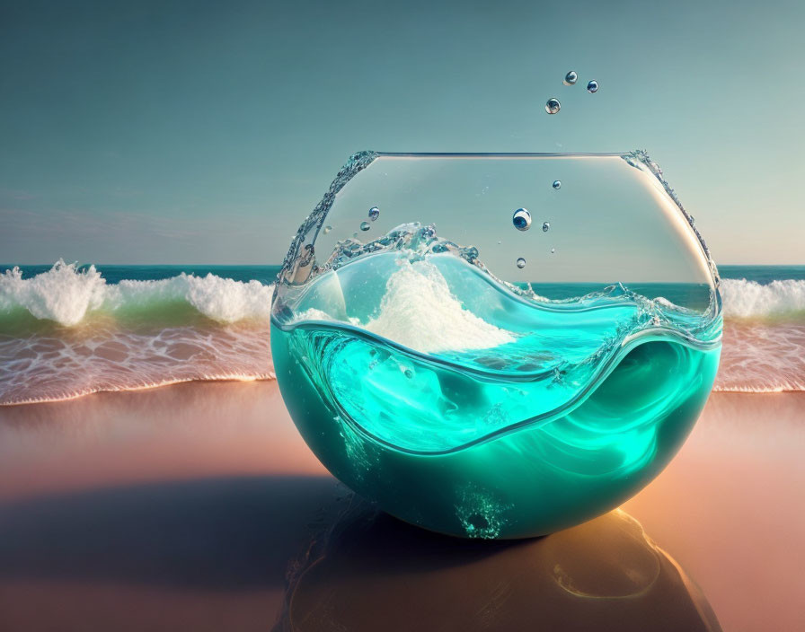 Glass bowl with water splashing in mini wave on serene beach backdrop