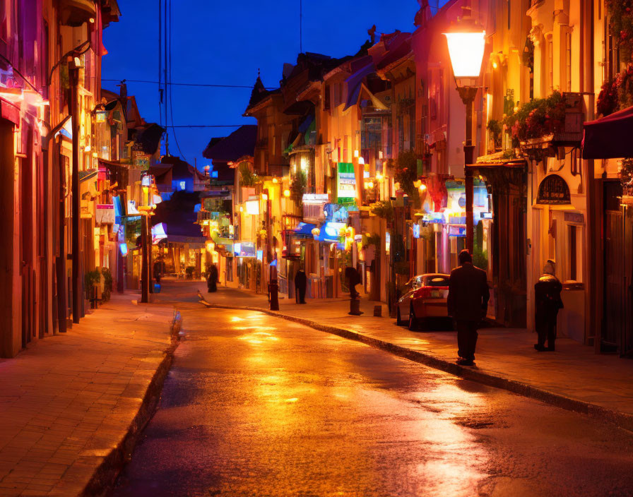 Colorful Night Scene: Urban Street with Illuminated Signs and Silhouette Walking