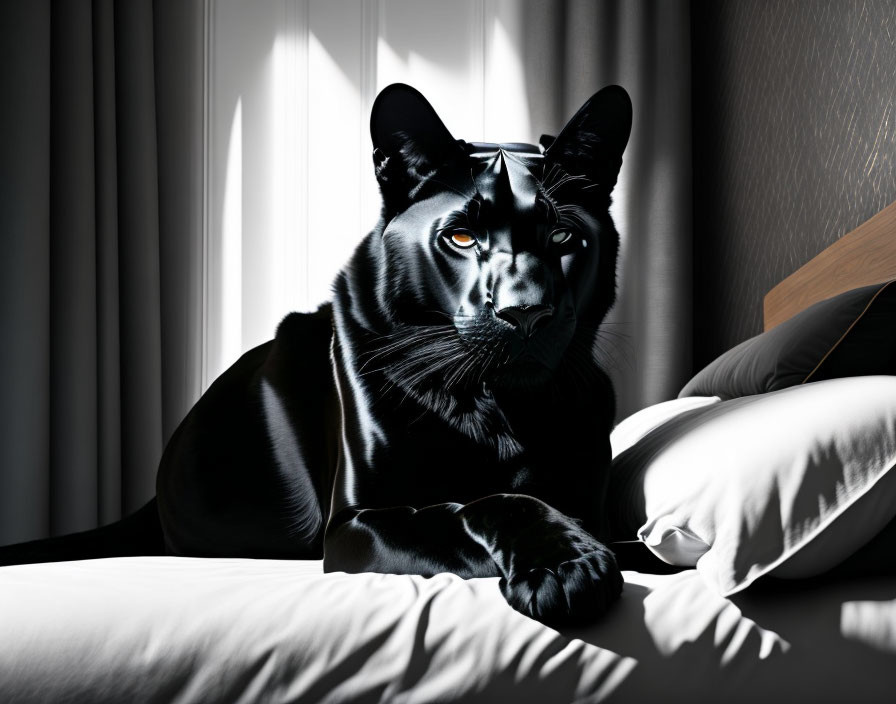 Black panther with striking eyes lounging on bed in dramatic sunlight.