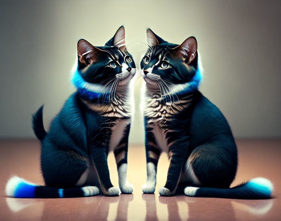 Symmetrical black and white cats with blue accents gazing at each other