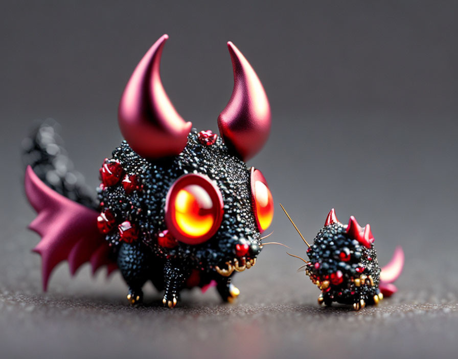 Black and Red Dragon Figurines with Large Eyes and Spikes