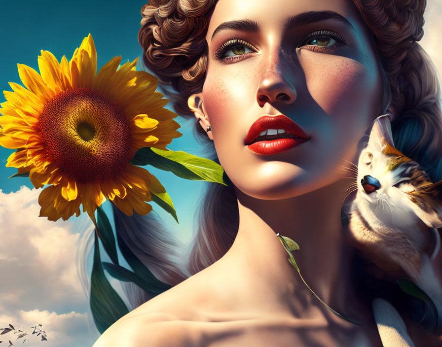 Digital Artwork: Woman with Sunflower and Cat on Blue Sky Background