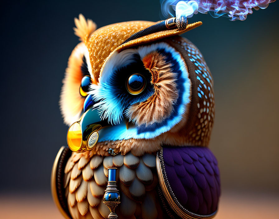 Stylized owl with blue eyes, aviator cap, goggles, and pipe