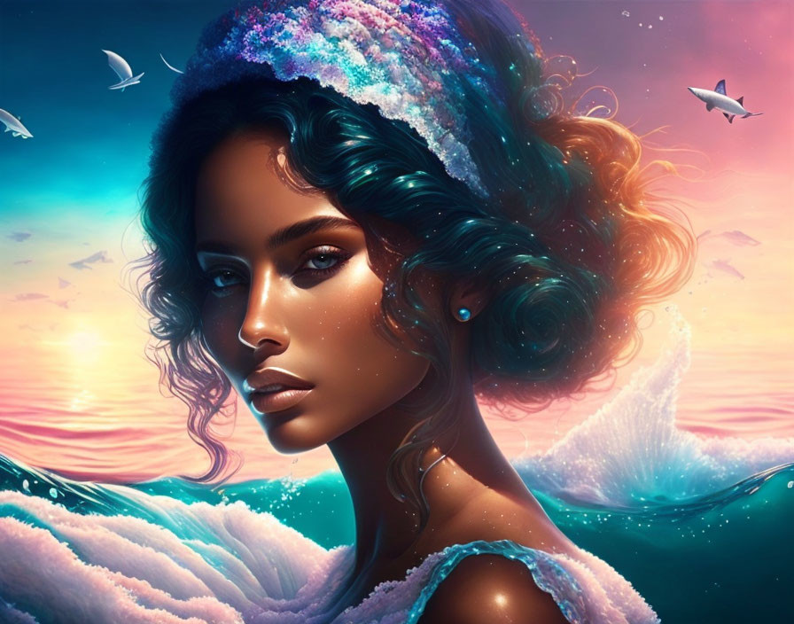 Surreal portrait of woman with ocean waves and seagulls in vibrant sunset.