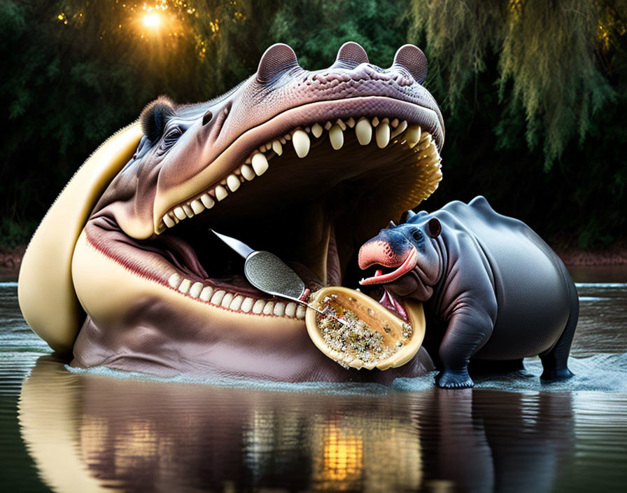 Digitally created scene: Giant hippopotamus eating cereal with smaller hippo by riverside.