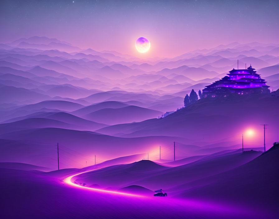 Digital art of purple landscape with moon, pagoda, streetlights, and car.